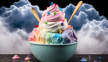 Colorful ice cream in a bowl on black background with clouds.の素材