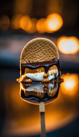 Closeup of ice cream with chocolate sauce on a stick in front of a burning fireplaceの素材
