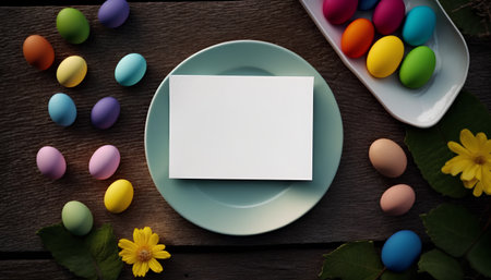 Easter table setting with blank card and easter eggs on wooden backgroundの素材