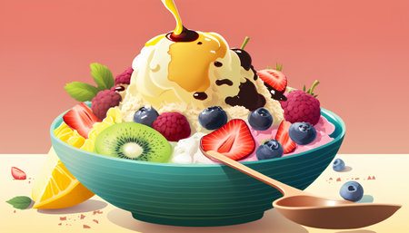 Vector illustration of a bowl of ice cream with fruits and berries.の素材