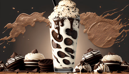 Chocolate milkshake with whipped cream and chocolate cookies. 3d renderingの素材