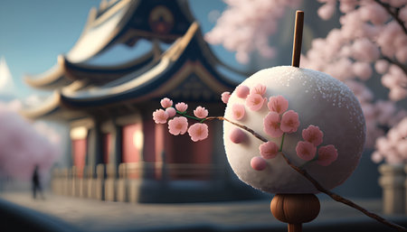 3d illustration of traditional chinese style pagoda and cherry blossomの素材