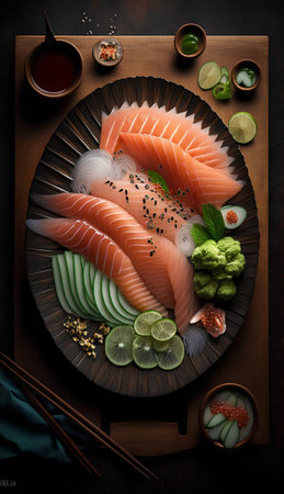 Salmon sashimi with wasabi and ginger on wooden plateの素材