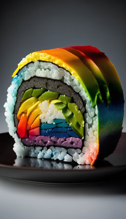 Rainbow sushi roll on a black plate on a gray background.の素材