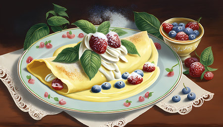 Pancakes with cream and berries on a wooden background. Vector illustrationの素材