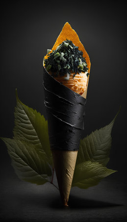 Ice cream cone on a dark background with green leaves. Copy space.の素材