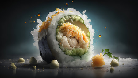 Sushi roll with salmon, avocado and cream cheese on dark backgroundの素材