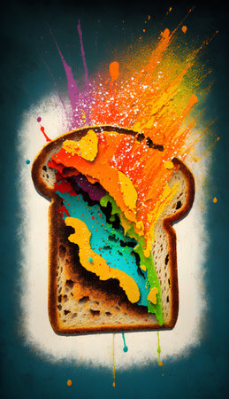 Colorful paint splashes on a slice of bread. Grunge backgroundの素材