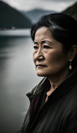 Portrait of a senior asian woman looking at camera with lake in backgroundの素材