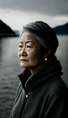 Portrait of an old asian woman on a lake background.の素材