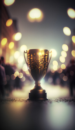 Golden trophy cup on city street with bokeh background. Winner concept.の素材
