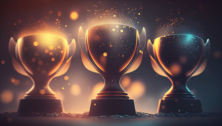 Abstract glowing trophy cup on dark background. Award concept. 3D Renderingの素材