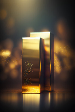 Shiny golden gift boxes on bokeh background. 3D renderingの素材
