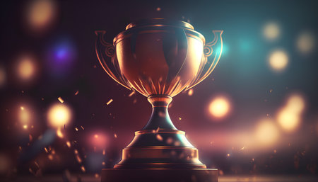 Golden trophy cup on dark background with bokeh. 3D renderingの素材