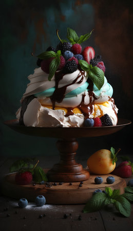 Pavlova cake with fresh berries and whipped cream on dark backgroundの素材