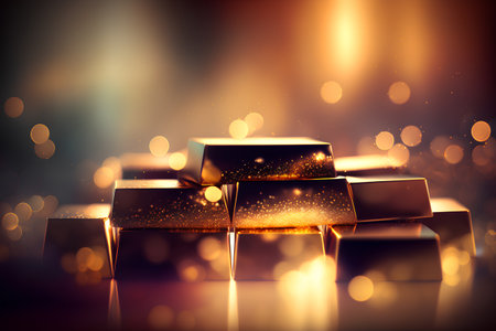 Shiny gold bars on shiny bokeh background. 3D Renderingの素材