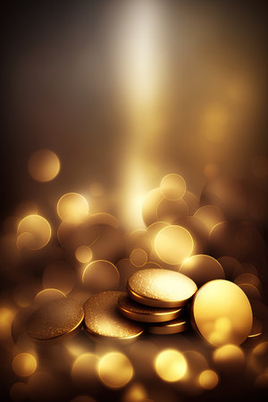 Golden coins on a golden bokeh background. Vector illustration.の素材