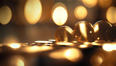 Pile of gold coins with candle light on dark background. Selective focus.の素材