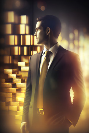 Businessman standing in front of golden stacks of coins. Success conceptの素材