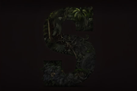 Letter S made of tropical leaves, dark background, 3d renderの素材
