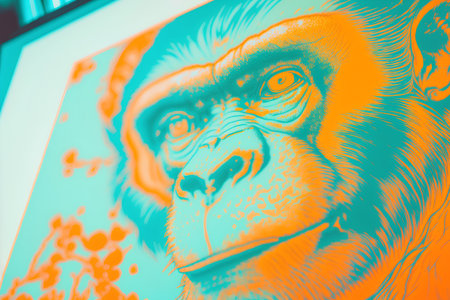 Monkey's head on a background of colored spots. Monochromeの素材