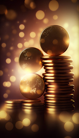 Golden coins with bokeh lights background. 3D illustration.の素材