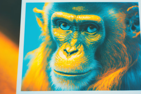 Monkey portrait. Close-up of the face of a monkey on a blue background.の素材