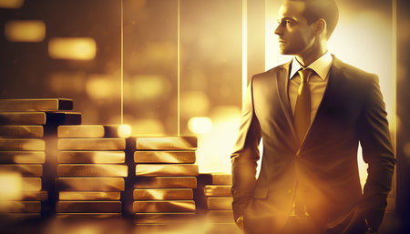 Portrait of a handsome young businessman standing in front of gold bars.の素材