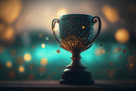 Trophy cup on a wooden table with bokeh background.の素材