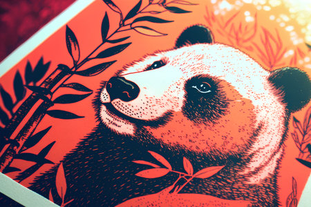 Close up of panda face on red background with floral pattern.の素材