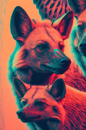 Group of foxes looking at the camera in front of a colorful backgroundの素材