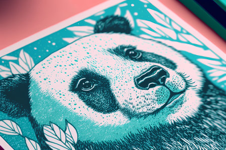 Panda bear portrait on the background of a book. Close-up.の素材