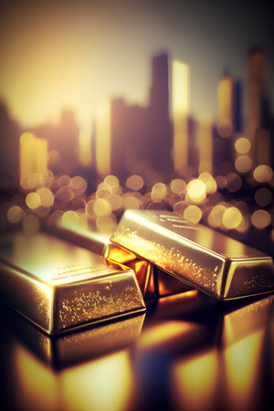 Gold bullion with city background. 3D illustration. Selective focus.の素材