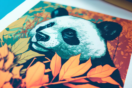 Panda bear with colorful autumn leaves. Hand drawn vector illustration.の素材