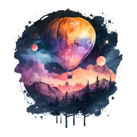 Colorful hot air balloon in the night sky. Watercolor illustration.の素材