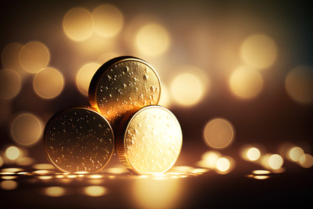 Gold coins with bokeh lights background. 3D illustration.の素材