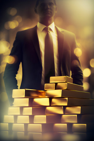 Businessman stacking gold bars on bokeh background, business success conceptの素材