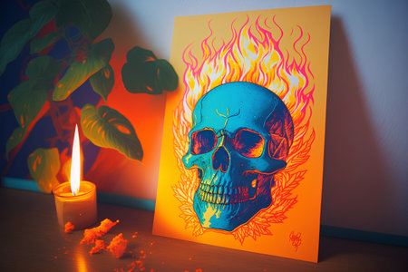 Skull on a sheet of paper with a burning candle in the background.の素材