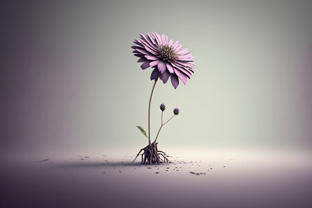 Purple daisy flower with roots on white background. 3d illustrationの素材