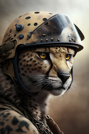 Portrait of a leopard in a aviator's helmet.の素材