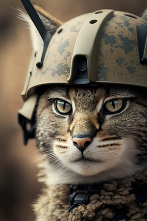 Portrait of a cat in a military helmet. Selective focus.の素材