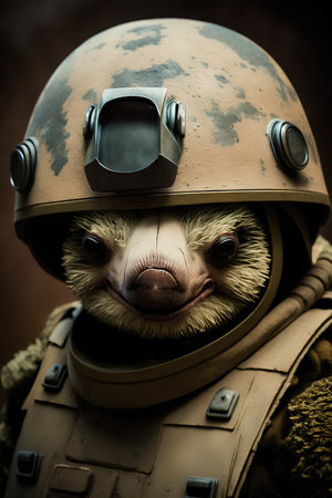 Portrait of a sloth in a military helmet. Selective focus.の素材