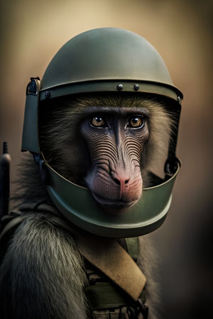 Portrait of a baboon in a helmet of an astronaut.の素材