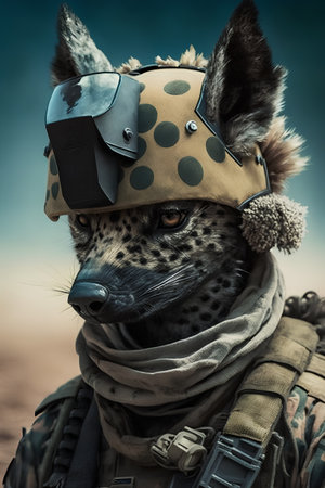 Leopard with a helmet on his head in a military uniform.の素材