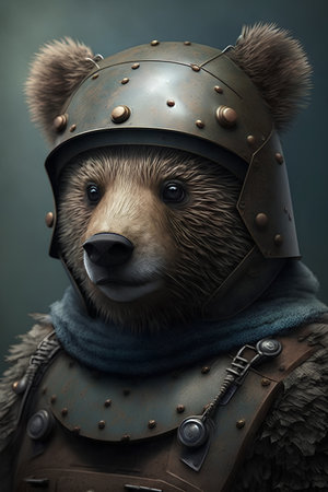 Portrait of a wild bear in a helmet and armor on a dark backgroundの素材