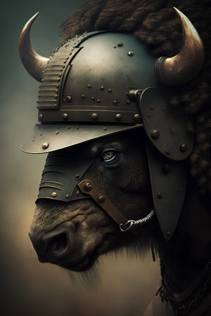 Portrait of a strong bison warrior with horned helmet.の素材
