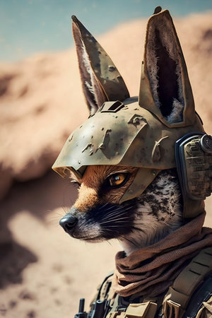 Funny fox in the aviator's helmet on the background of the desertの素材