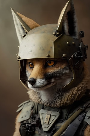 Portrait of a fox in a helmet of the Soviet Army.の素材