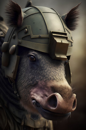 Portrait of a wild boar in a military helmet and gogglesの素材