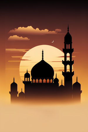Silhouette of mosque on the sunset background. Vector illustration.の素材